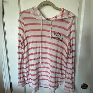 #159. Jessie & J Pink & White Striped Hello beautiful Lightweight Sweater Size M